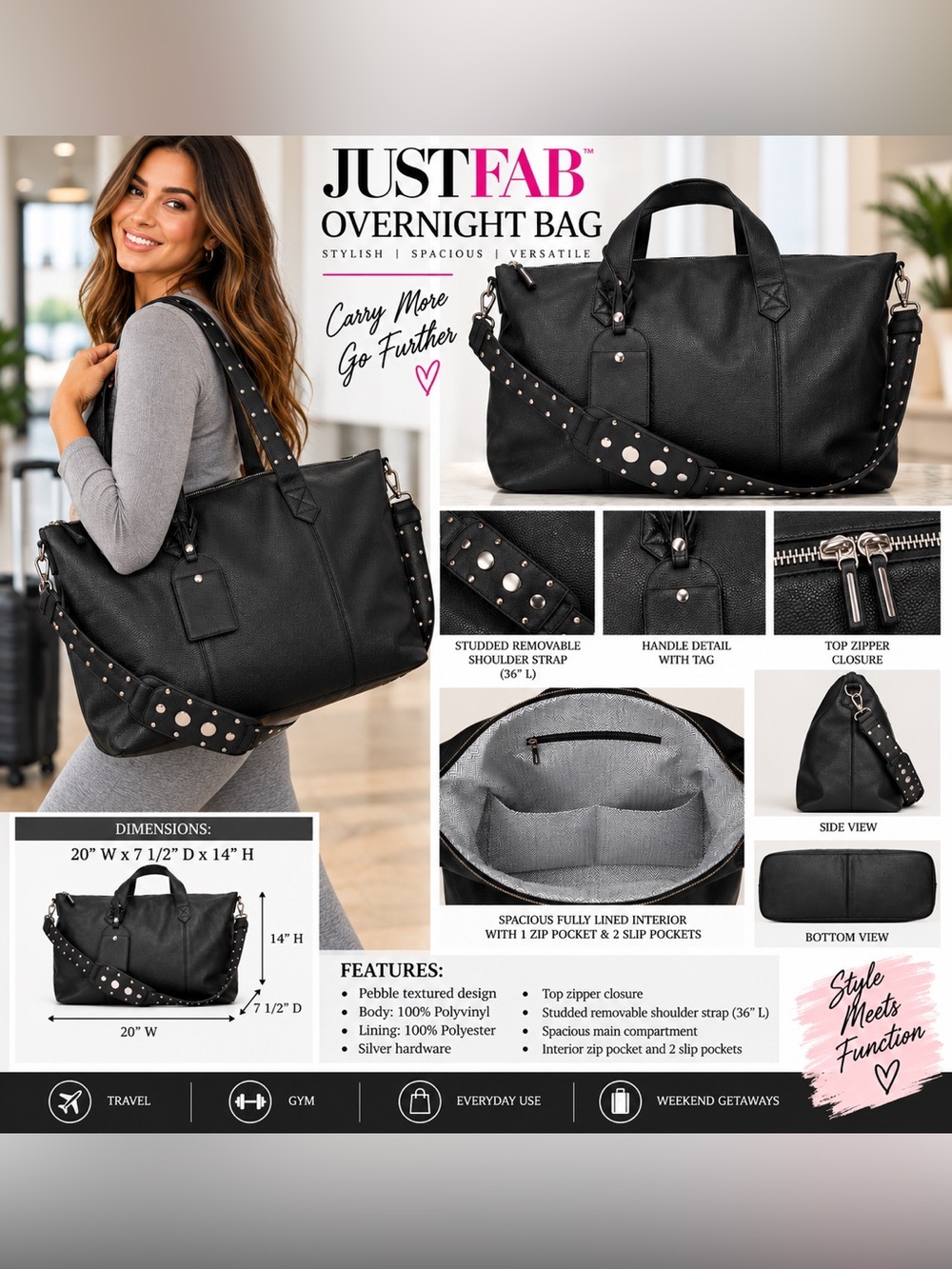 JUSTFAB TEXTURED OVERNIGHT TRAVEL BAG - BLACK (NEW WITH TAGS) A28